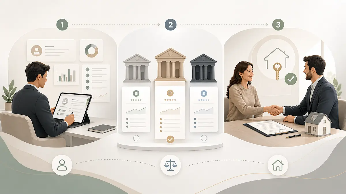 Ilustración del proceso de asesoramiento hipotecario en tres fases: análisis del perfil, comparación de bancos y firma de la hipoteca.